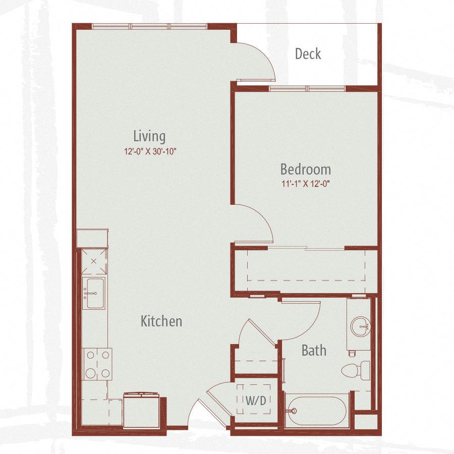 Floor plan for 1 bed, 1 bath, 726 sqft